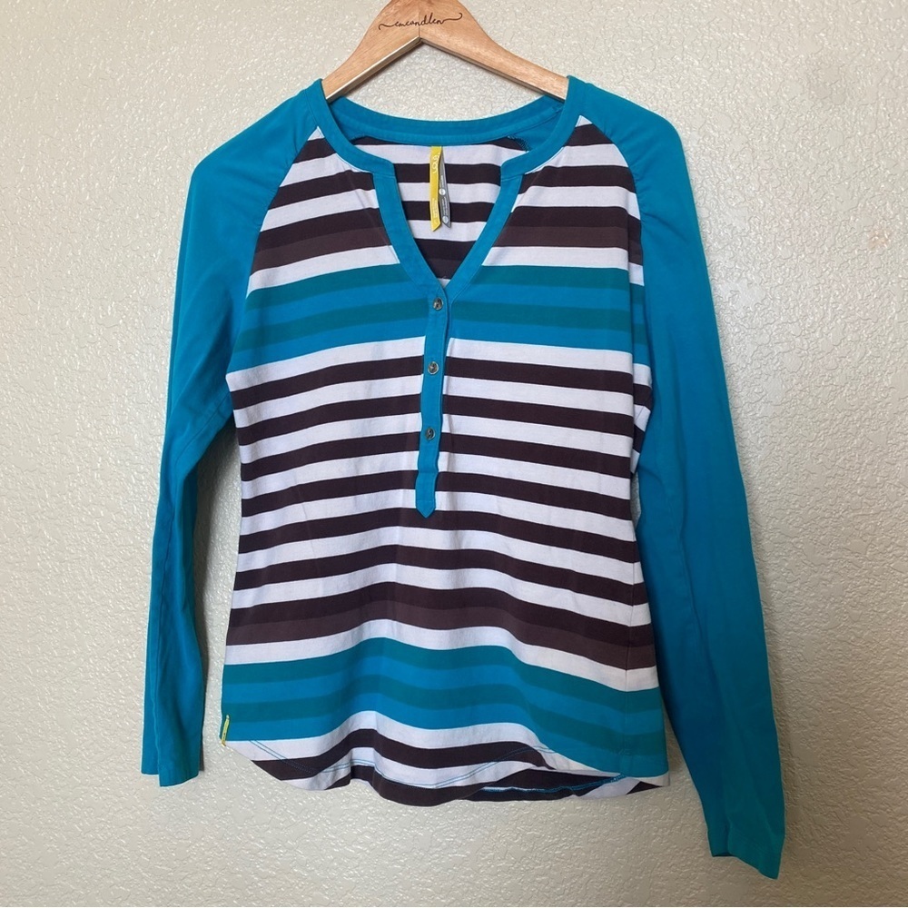 Lole long sleeved Henley T-shirt stripes activewear large blue‎
